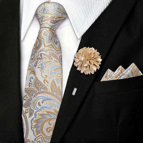 Image of DiBanGu Mens Zipper Tie Silk Pre-Tied Necktie with Gift Box | Jacquard Woven,Paisley Solid Plaid Pattern,6PCS with Pocket Square,Cufflinks and Lapel Pin,for Wedding Party Formal Business
