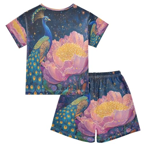 ALAZA Peacock Water Lily Blossom Pajamas Set Short Sleeve Cotton Sleepwear Summer Pjs 2 Piece 5-14Y2