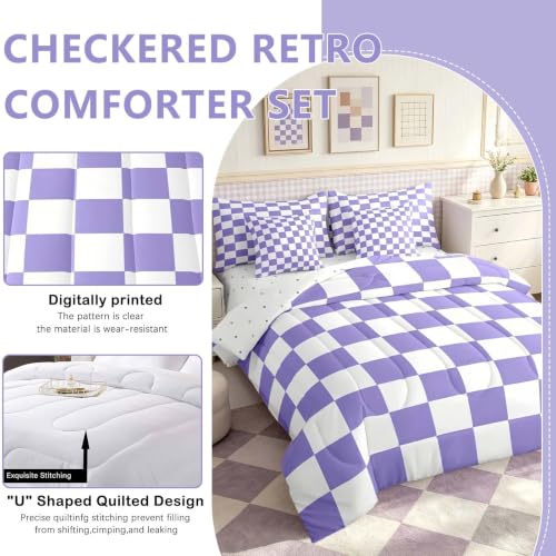 Image of Feelyou Checkered Retro Comforter Set with Sheets 7 Piece Twin Size Purple Plaid Bedding Set for Kids Boys Girls Geometric Vintage Bed in a Bag Modern Simple Groovy Aesthetic Room Decor Soft