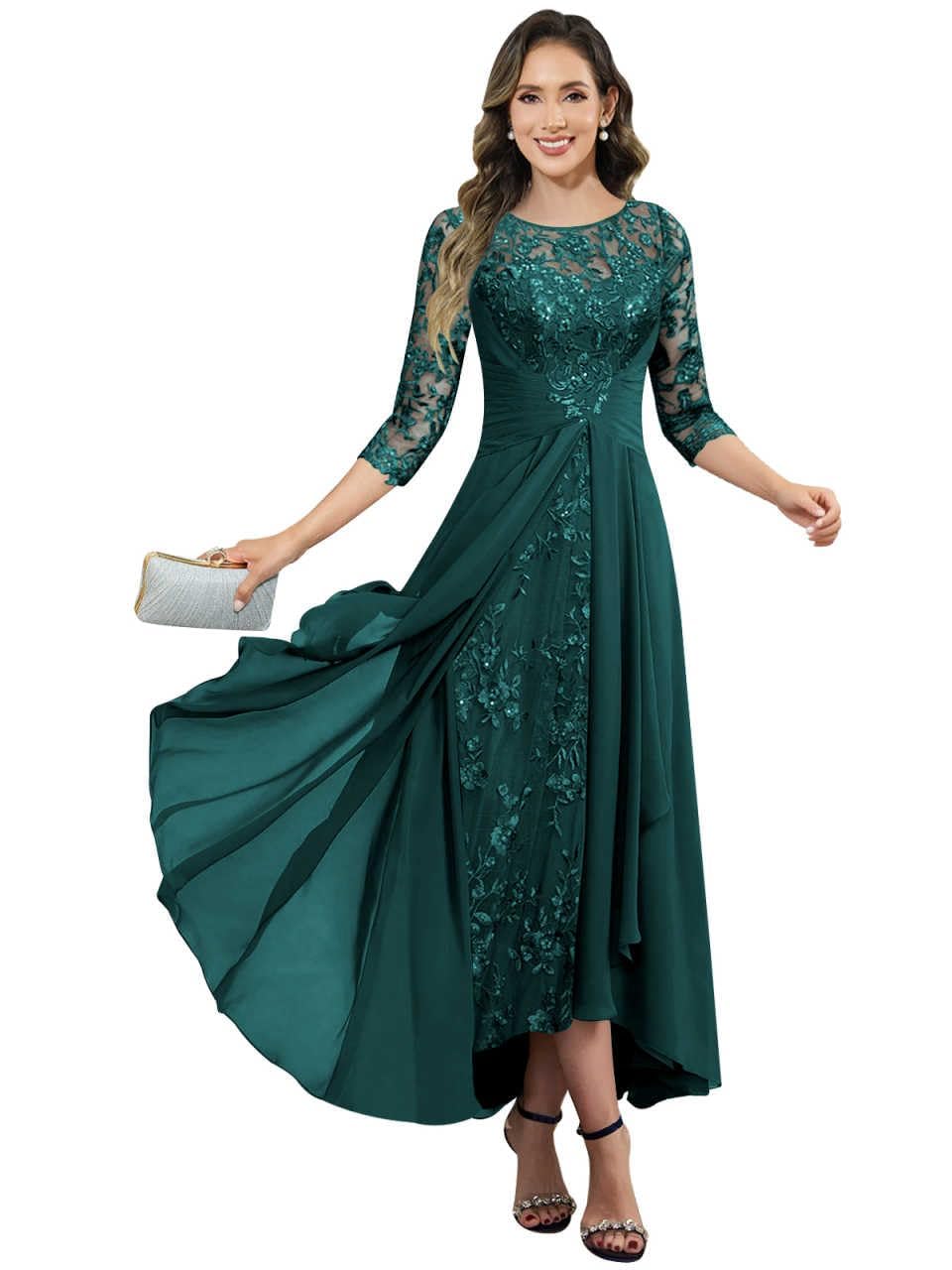 Damen Brautmutterkleider Lang Spitze Abendkleider Elegant Für Hochzeit A-Linie Festliche Kleid