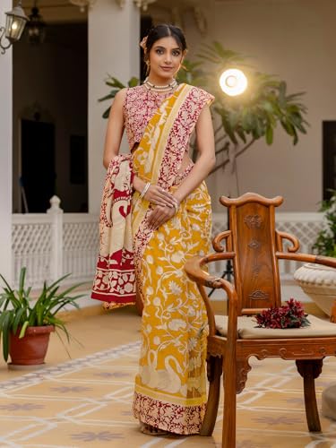 Image of SIRIL Women's Printed Ready to Wear Mul Cotton Saree With Unstitched Blouse Piece