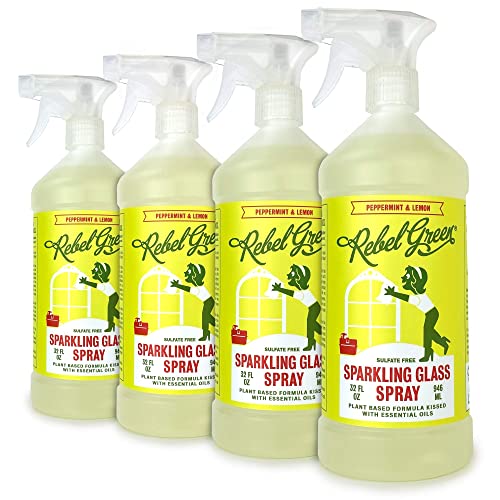 Rebel Green Sparkling Glass Cleaner - Streak Free Glass Cleaner Spray - Natural Glass & Surface Spray for Windows, Mirrors, & More - Scented with Peppermint & Lemon - (32 Ounce Bottles, 4 Pack)