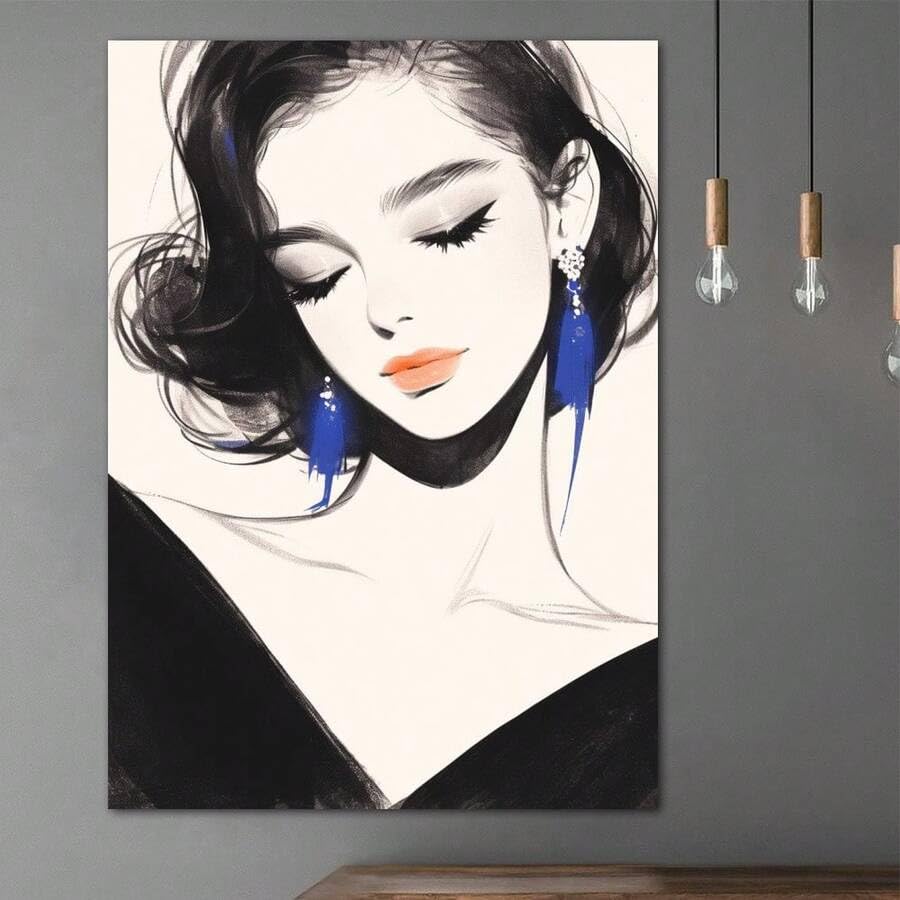 Peinture à l'huile abstraite femme boucles d'oreilles bleues affiche 50x75