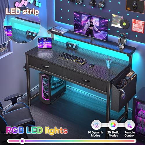 Image of DurayLoly 31Inch Office Computer Desk with LED Lights & 2 Fabric Drawers, Gaming Desk with Side Pocket & Ergonomic Monitor Stand, Small Space Study Writing Table with Anti-Tip Design,Black