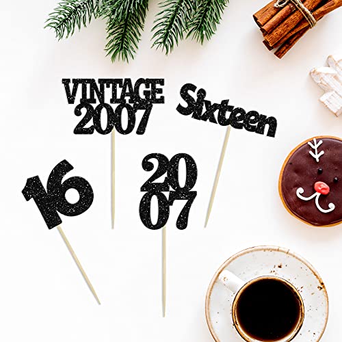 Gyufise 24Pcs 16Th Birthday Cupcake Toppers Glitter Sixteen Vintage 2007 Sweet 16 Cupcake Picks Hello 16 Years Birthday Cake Decorations For Happy 16Th Birthday Anniversary Party Supplies Black #TOP2