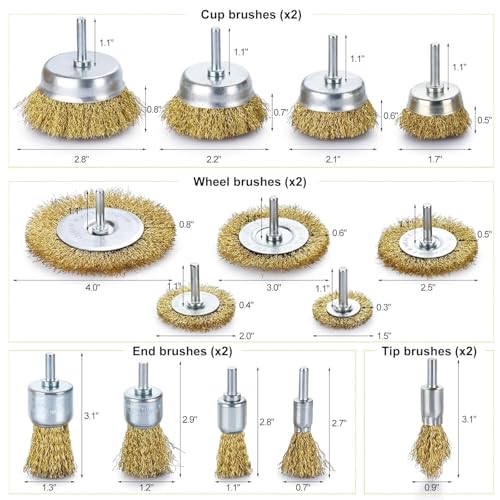 Image of Brass Wire Brush for Drill Rust Removal, Wire Wheel for Drill, Cup Brush and End Brush Set, Wire Brush Drills Attachments, 1 /4 inch Drill Shank, Carbon Steel Bristles (Brass Wire Brush, 28)