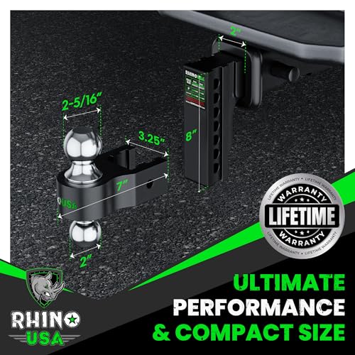 Image of Rhino USA Adjustable Trailer Hitch (Fits 2-Inch Receiver) - Heavy Duty Aluminum Tow Hitches with 6-Inch Drop /Rise for Truck (12,500 LBS GTW) - Weatherproof Double Anti-Theft Locking Hitch Pins (Black)