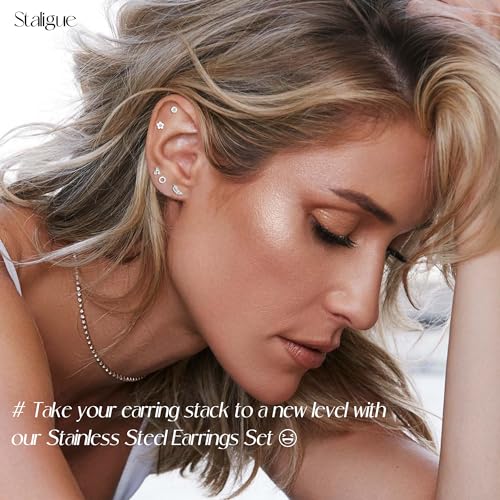 Staligue 21 Pairs Stainless Steel Earrings Set for Women Men Hypoallergenic 20G Flat Back Studs Earrings and Hoop Earrings Set Star Moon flower Snake Leaf Cartilage Piercing Earrings Jewelry Gifts 5