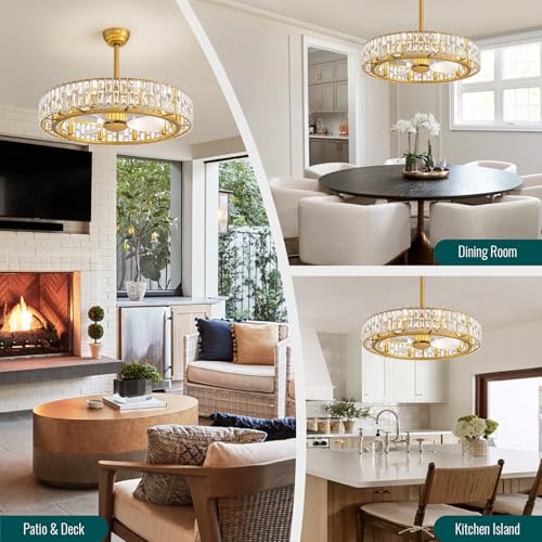 Image of Siljoy Gold Fandelier Ceiling Fan with Light, 31.5'' Modern Crystal Chandelier Ceiling Fans with Lights Remote Control, Large Mid Century Dimmable Fandelier 6 Speeds for Living Room Bedroom Nursery
