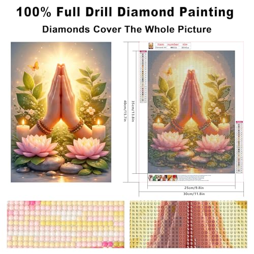 Image of 5D Diamond Art Kits for Adults, Praying Hands Diamond Painting Kits for Beginners, Lotus DIY Full Drill Round Rhinestone Gem Art Crafts Paintings for Spiritual Harmony and Home Wall Decor 12 x 16 inch