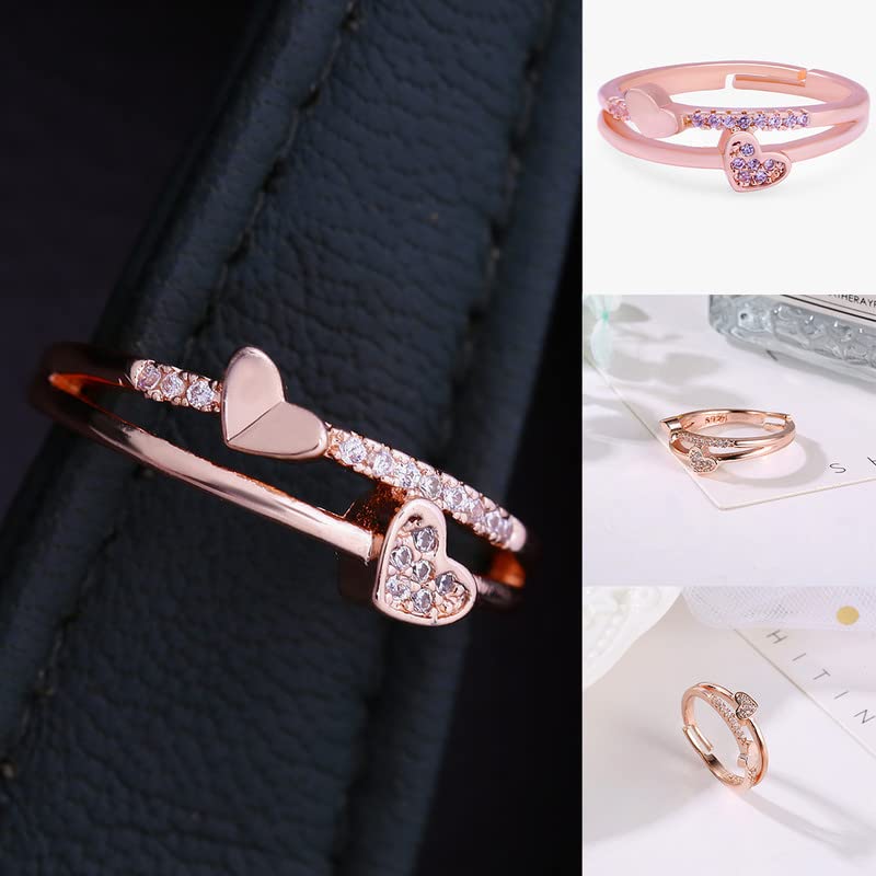 Yellow Chimes Copper Rose Gold Exclusive Valentine's Collection Love Sparkling Dual Heart Cubic Zirconia Rosegold Plated Adjustable Rings for Women and Girl 3