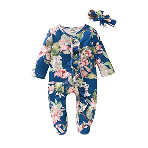 WOCACHI Unisex Baby Pajamas, Infant Baby Girls Long Sleeve Floral Solid Jumpsuit Romper+Headband Outfits Birthday Footed Sleepwear Nightwear Sack Sleeper Gowns Sleep Positioner Unisex