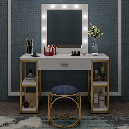 Tribesigns Gold Vanity Table with Lighted Mirror, White Makeup Dressing Table with Large Drawer and Storage Shelf, Dresser Table for Women (White)