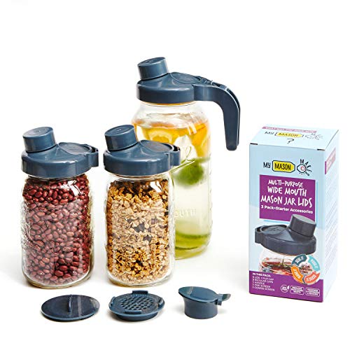 My Mason Makes Multipurpose Mason Jar Lids Set - Durable BPA-Free Plastic Wide Mouth Mason Jar Lids with Accessories - Includes 3 Reusable Lids, 1 Mason Jar Handle, 1 Flip Top Pour Spout, and More
