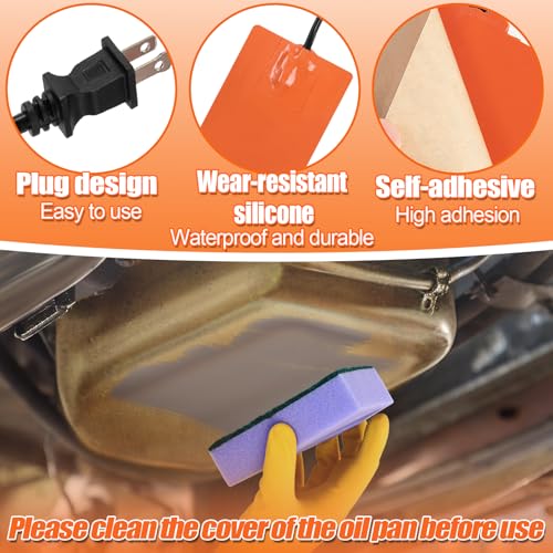 2 Pcs Silicone Car Engine Heater Pad - 4x5in Self-Adhesive Oil Pan Heater Pad with 194°F Thermal Protector, Battery Heater Pad Engine Block Heater Pad with 70\" Long Power Cord (150W 120V)