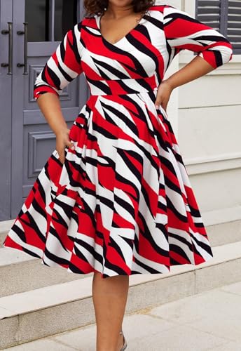 Image of Womens Plus Size Dresses Faux Wrap Summer Dress 3 /4 Sleeves V Neck 1950s Retro Vintage Wedding Party Midi Dress