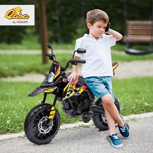 Qaba 12V Kids Motorcycle, Aprilia Licenced Electric Motorcycle for Kids with Training Wheels, Spring Suspension, LED Light, USB, Music, Battery Powered Electric Dirt Bike for Boys Girls, Yellow