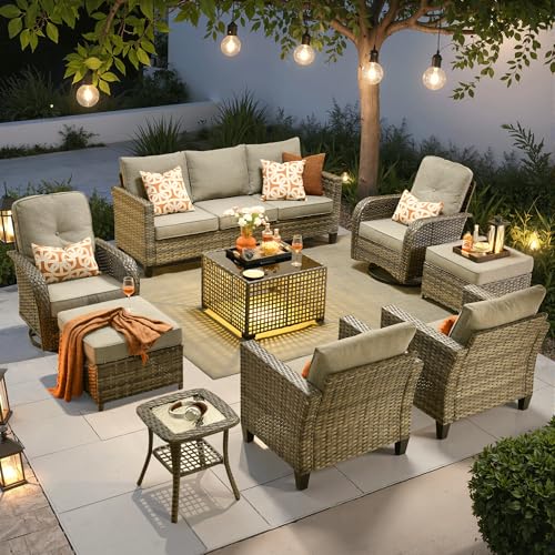 ovios 9 Pieces Patio Furniture Set, Outdoor Wicker Sofa Couch with Rocking Swivel Chairs Solar Lights Table, Modern Deep Seat Rattan Conversation Sets for Deck Porch, Dark Grey