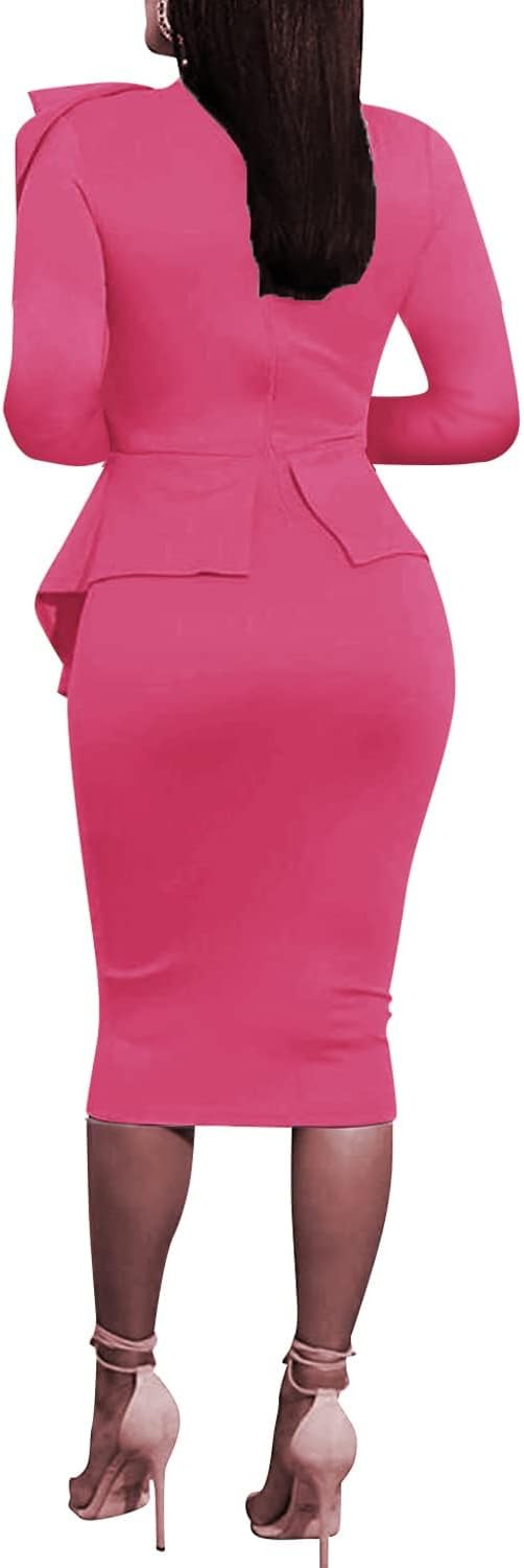 Women's Peplum Bodycon Long Sleeve Wear to Work Dresses Bow Party Club Ruffle Formal Cocktail Pencil Dress - Image 4
