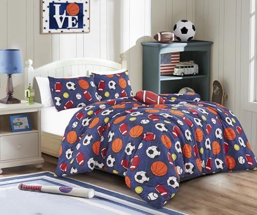 Chezmoi Collection 3-Piece Kids Sports Balls Bedding Comforter Set Twin Size - Soft Microfiber Navy Blue Gray Orange White Printed Football Soccer Basketball Baseball Tennis Sports for Kids/Teens
