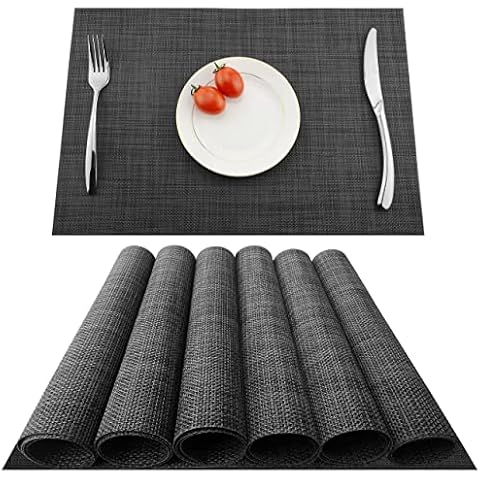 KOKAKO Platzsets(6er Set),Rutschfest Abwaschbar Tischsets Tischmatte PVC Abgrifffeste Hitzebeständig Platzdeckchen,Schmutzabweisend und Waschbare,Platz-Matten für Küche Speisetisch,Dunkel Grau Cover