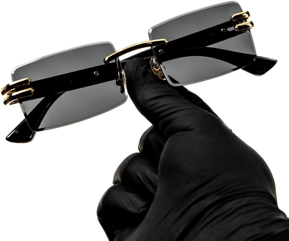 Street Knitted Stylish Square Rimless Gold Frame Stylish Dark Gray Gradient Black Tinted Shades 90s Men Women Rectangle Cool Frameless Retro Trendy Hip Hop Old School Unisex Sunglasses - Image 2