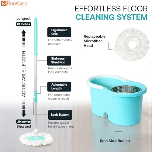 Image of BonKaso 360 Spin Round Mop Bucket Set with Removal Steel Wringer, Extendable Stainless Steel Handle & Microfiber Floor Cleaner for Tiles, Marble, Wooden & Hard Floors