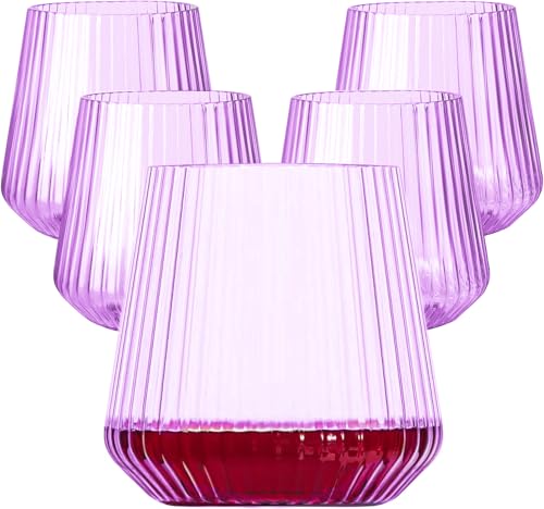 Image of Lueumxc 40 Pack Plastic Ribbed Wine Glasses, 14Oz Origami Disposable Wine Glasses Unbreakable Clear Plastic Cocktail Glasses Recyclable Shatterproof Reusable Wine Cups (14oz-purple-40pack)