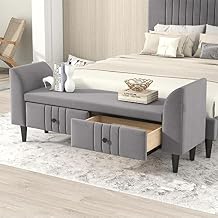 Tufted Linen Upholstered Wooden Storage Ottoman Bench with 2 Drawers for Bedroom, Fully Assembled Except Legs and Handles, Padded Seat with Rubber Wood Leg Gray