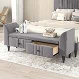 CNANXU Tufted Linen Upholstered Wooden Storage Ottoman Bench with 2 Drawers for Bedroom, Fully Assembled Except Legs and Handles, Padded Seat with Rubber Wood Leg (Gray)
