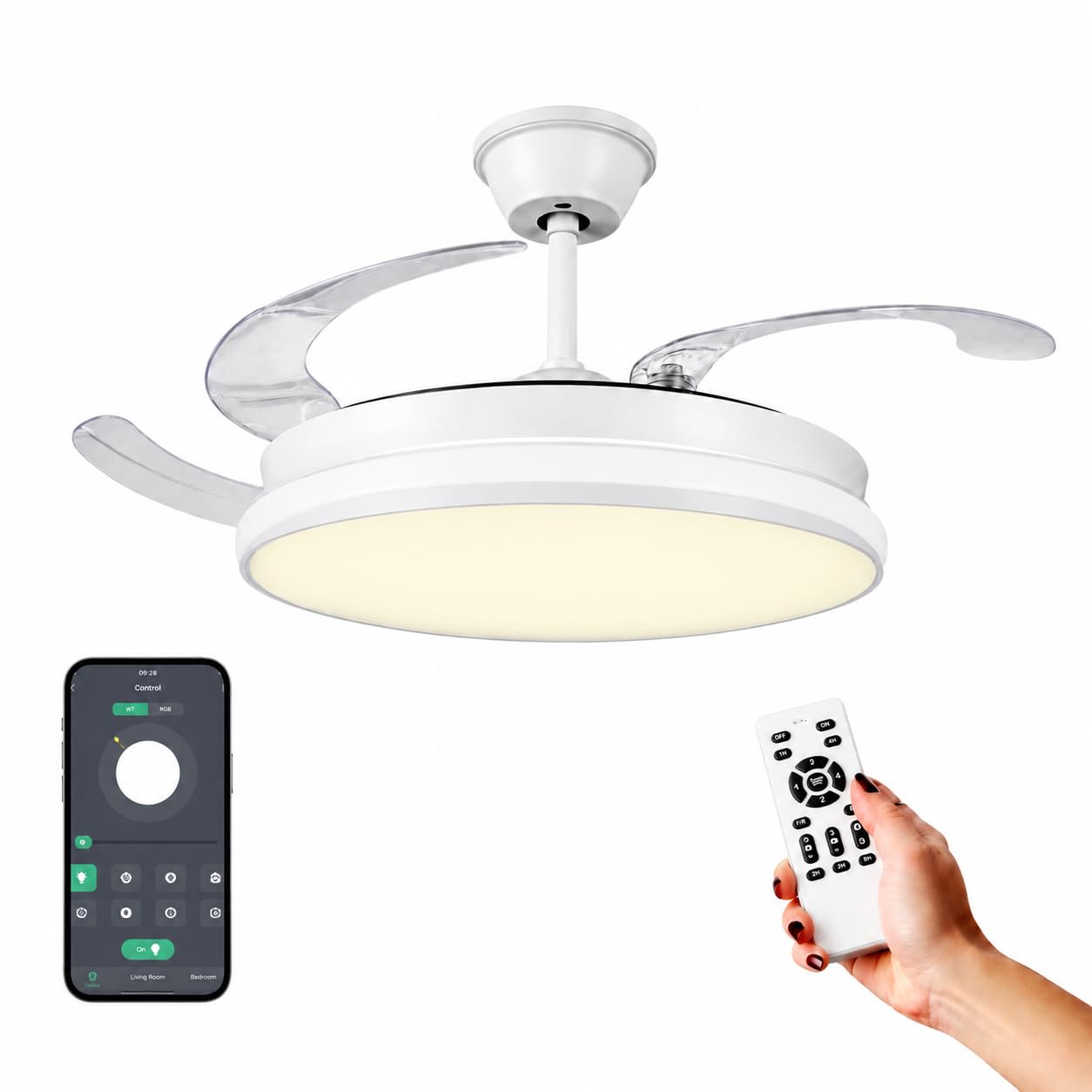 IluminaShop Ventilador de Techo con luz LED White Camila con Luz CCT Regulable y Control de Intensidad, Motor DC 30W+Luz 40W, Silencioso, 6 Velocidades, 4 Aspas Retráctiles, Temporizador