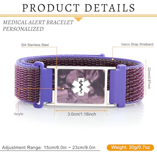 Customizable Medical ID Bracelets for Women & Men, Hook and Loop Medical Alert Bracelets with Free Engraving, Stainless Steel ID Tag Inlaid with Shells & Acrylic Plate, 6.0-9.0 Inches Adjustable2