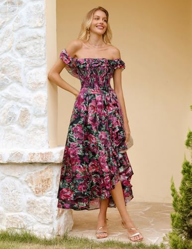 GRACE KARIN Women's Floral Print Maxi Dress Off Shoulder Smocked A Line Flowy Ruffle Wedding Guest Dresses with Pockets2