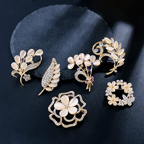 Wmhaimo Lot 6Pcs Opal Cat's Eye Stone Crystal Rhinestone Leaf Flower Brooch Pin Set For Women #TOP3