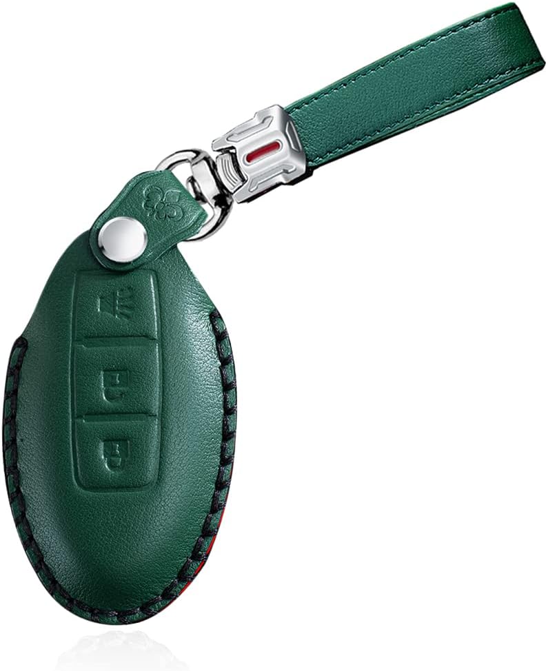 HIBEYO Leather Key Fob Cover for Nissan GT-R Juke Kicks Lannia Latio Leaf Livina Teana Titan Versa X-TRAIL for Infiniti FX45 FX50 Q70 QX50 QX70 Car Key Case with Keychians Accessories-Green