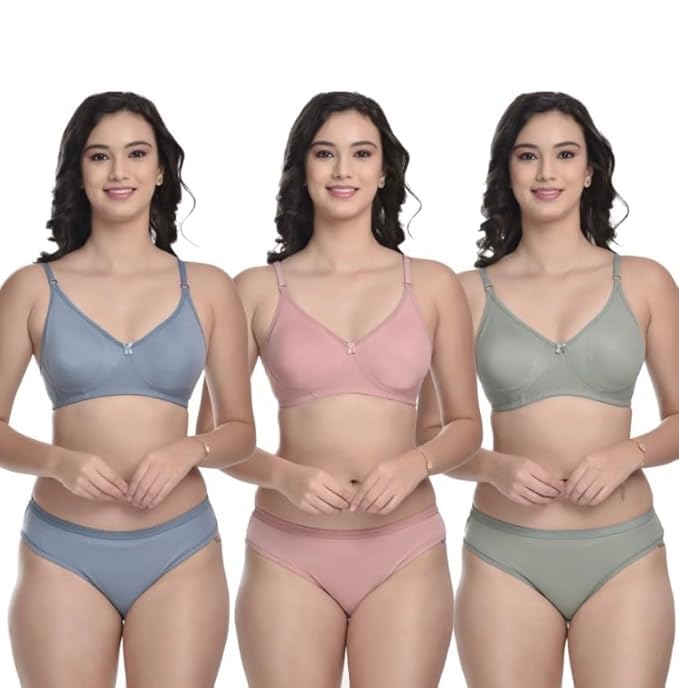Women Cotton Non Padded Non-Wired Full Non Padded T-Shirts Bra and Panty Lingerie Set Pack of 3 (Multicolor)-picture-48