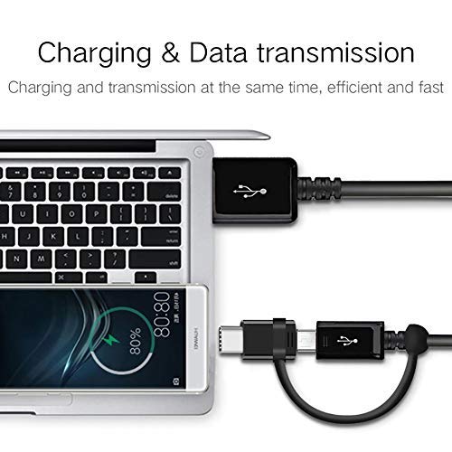 Image showing the cable connected to a laptop and a smartphone, indicating simultaneous charging and data transmission