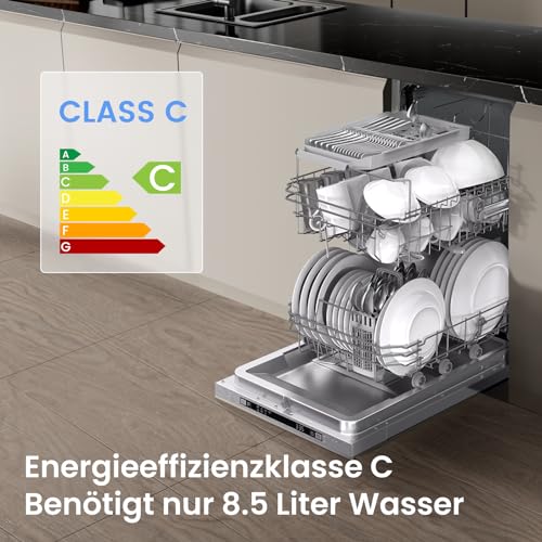 unsichtbare Front mit geöffneter Tür zeigt Edelstahl-Innenraum und drei höhenverstellbare Regale für 10 Maßgedecke.