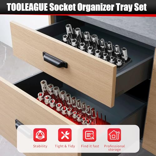 Image of TOOLEAGUE 7Pcs Socket Organizer Tray and Magnetic Wrench Holder Set | Red SAE & Black Metric, 1 /2 inch, 1 /4 inch, 3 /8 inch Socket Storage Trays for Tool Box Drawer
