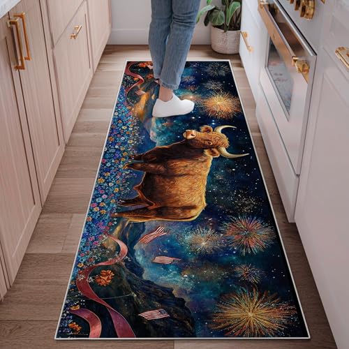 Alfombra de corredor de vaca, patriótica, rústica, flores de fuegos artificiales, 4 de julio, marrón, antideslizante, borde antideslizante, alfombra rectangular para cocina, baño, entrada, mesita de