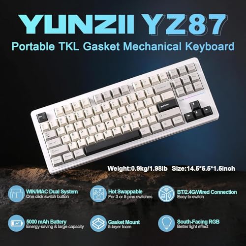 Image of YUNZII YZ87 Gasket Mechanical Keyboard,TKL Wireless Hot Swappable with 5-Layer Padding, BT5.0 /2.4G /USB-C NKRO RGB Backlit for Win /Mac(White, Milk Switch)