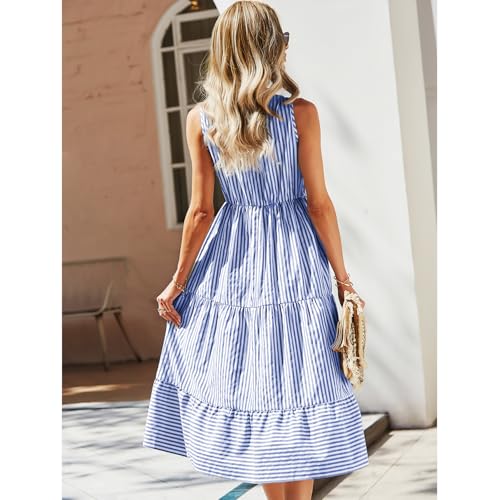 Image of BROVAVE Womens 2026 Summer Sleeveless Shirt Dress Collar Striped V Neck Casual Midi Dresses