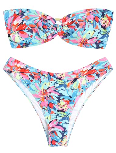 Image of ZAFUL Women's Bandeau Bikini O Ring Strapless Tie Back High Cut Two Piece Swimsuit Bathing Suits