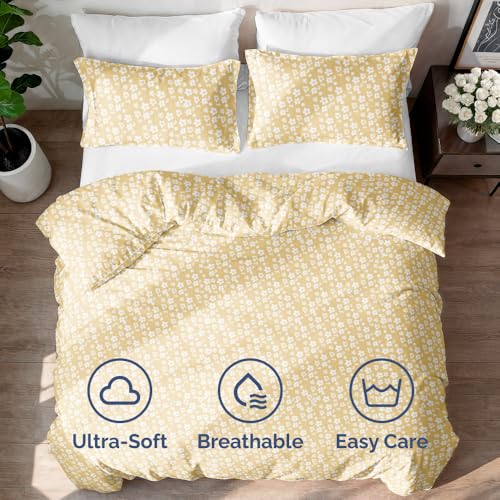 Image of Duvet Cover King Size - Floral Duvet Cover Set - 3 Piece - Yellow Meadow | Soft Floral Duvet Cover 104 x 90 with 2 Pillow Shams, Comfy Floral Bedding Set, Hotel Luxury with Zipper Closures & Ties