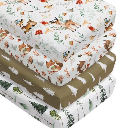 4 Pack Woodland Forest Animals Wood Neutral Unisex Fitted Baby Crib Sheets Set for Baby Boys or Girls (Beer, 52 * 28)