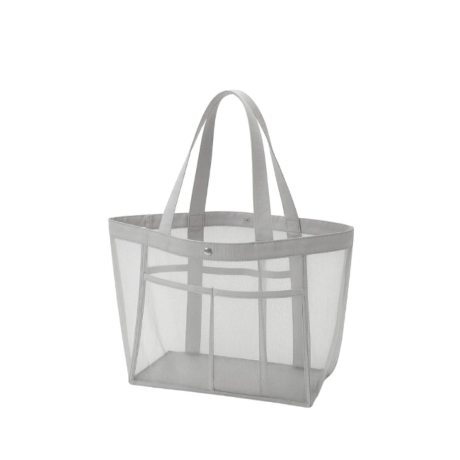 Large Mesh Tote Bag Wide-Bottom Mesh Bag with Pocket Lightweight Translucent for Shopping, Swimming, Gym, Gray, Snap Button-image-2
