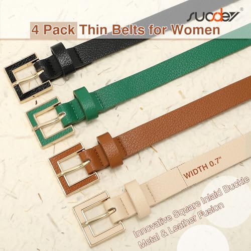SUOSDEY 4 Pack Women Skinny Belts for Jeans Dress Ladies Thin Waist Belt with Gold Square Buckle 0.7" Width3