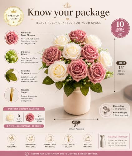 Image of Divyakosh Artificial Rose Flower Bouquet, 10 Roses (5 Dusty Mauve & 5 Ivory White) with Green Leave, Faux Floral Arrangement for Living Room, Bedroom, Office, Wedding & Home Decor (Vase Not Included)