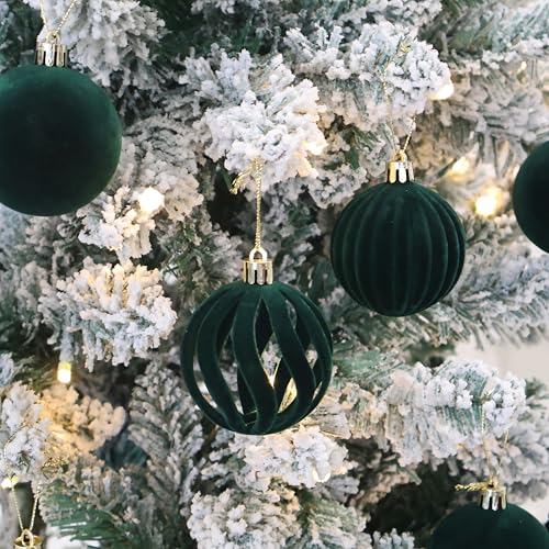 Image of 3.15In Green Velvet Christmas Ornaments Set,12Pcs Flocked Ornaments Balls
