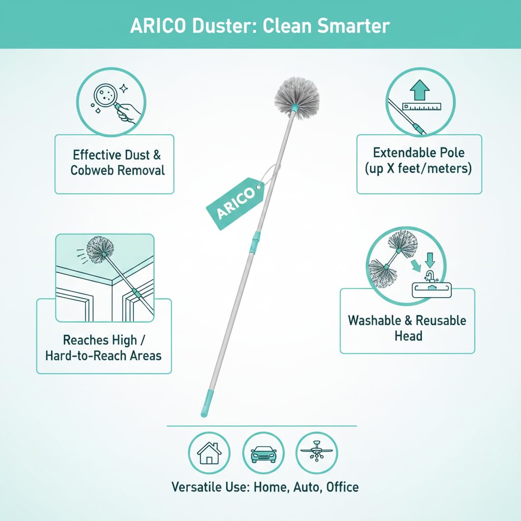 ARICO JALA Broom Cobweb Brush with Extendable Handle Featuring Long Handle for Ceiling and Roof Cleaning Dusting Brush | Soft Bristles for Gentle Yet Effective Dusting | Stainless Steel 3